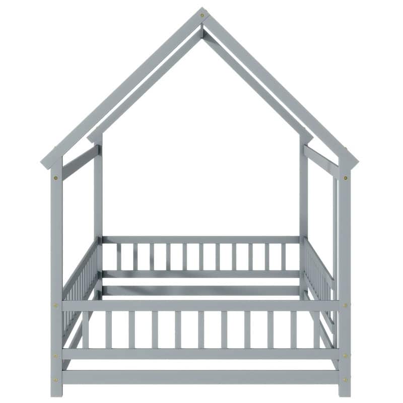 Full Size Wooden House Floor Bed with Roof Frame, Safety Guardrails