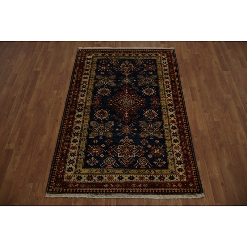 Hand Knotted Oriental 100% Wool Carpet Traditional Geometric Navy Blue & Blues Kazak Area Rug - 6' 0'' X 4' 0''