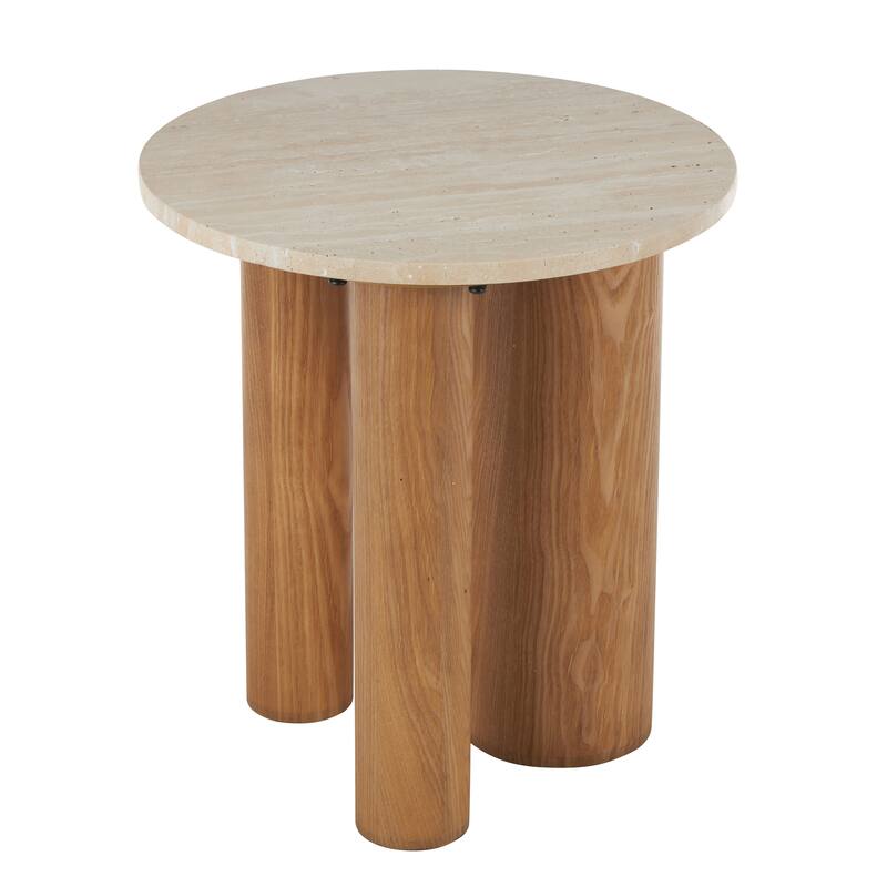 Wood Accent Table with Beige Round Marble Tabletop - Brown - Roche River Decor