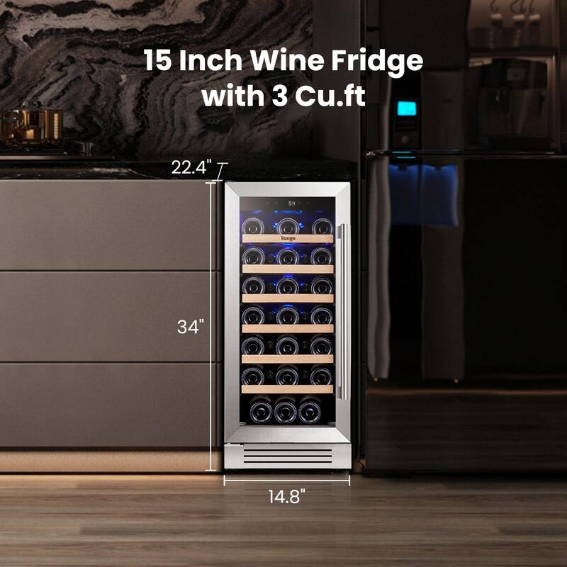 Yeego 14.8 in.33-Bottle Single Zone Wine Cooler Refrigerator Fridge with Built-In/Freestanding Design