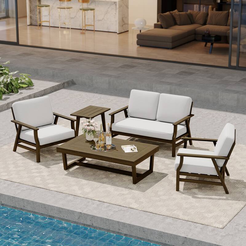 Modern Wood Cushioned Outdoor Patio Sofa Loveseat with Coffee Table - Loveseat Set - Beige