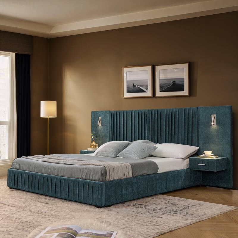 Roomfitters Queen Upholstered Chenille Platform Bed with Pleated Headboard and Built-In Bedside Tables, Solid Frame - Blue-Green - Queen