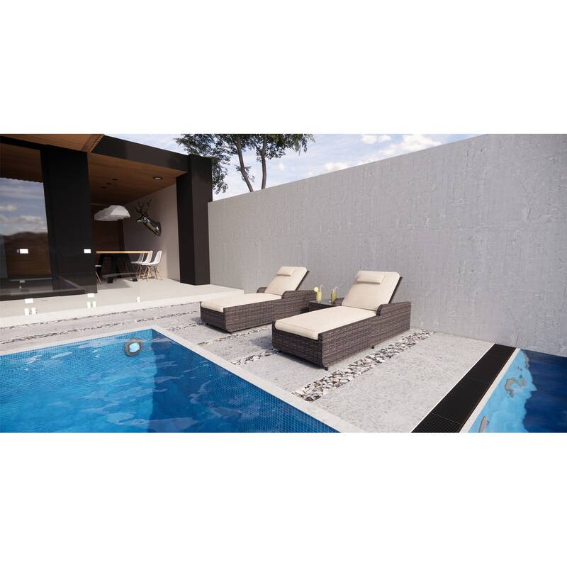 3-Pieces Outdoor Aluminum Adjustable Wicker Chaise Lounge Set