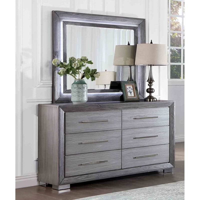Gray Finish Transitional Bedroom Furniture Set with LED Headboard USB Ports Nightstand