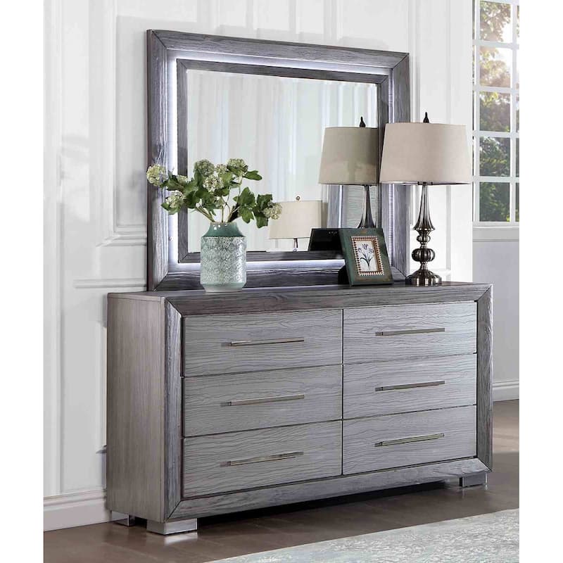 Transitional Gray Finish 4 Piece Bedroom Set with LED Headboard USB Nightstand