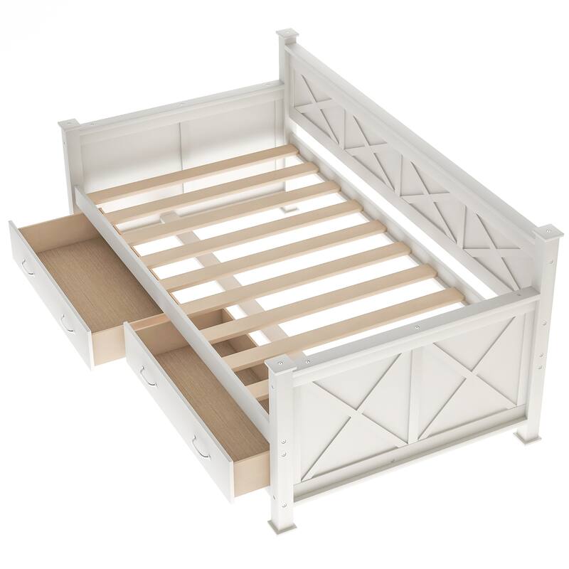 Twin Size Wooden Modern and Rustic Casual Style Daybed with 2 Storage Drawers & Headboard
