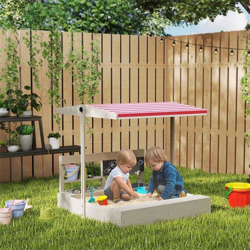 Gray Wooden Kids Sandbox with Kitchen Set Adjustable Canopy and Storage Shelf for Ages 3 to 7 Years - 45"W x 43.25"D x 43.25"H - Grey