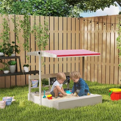 Gray Wooden Kids Sandbox with Kitchen Set Adjustable Canopy and Storage Shelf for Ages 3 to 7 Years - 45"W x 43.25"D x 43.25"H