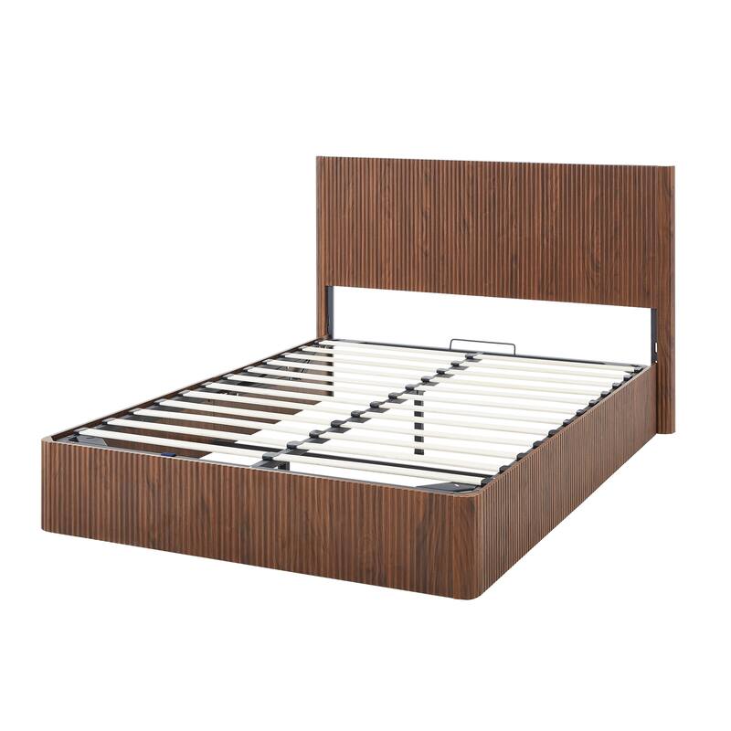 Queen-Sized Hydraulic Lift-Up Storage Bed Frame With Wooden Corrugated Curved Lines, No Box Spring Required‌