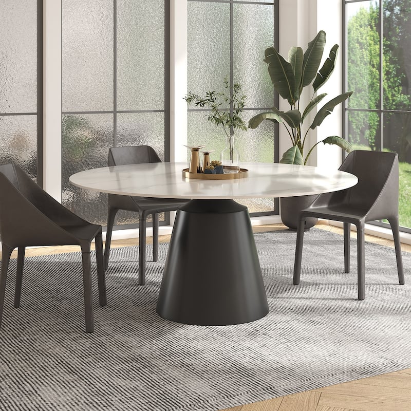 Modern Round Rock Slabs Black Titanium Stainless Steel Pedestal Dining Table