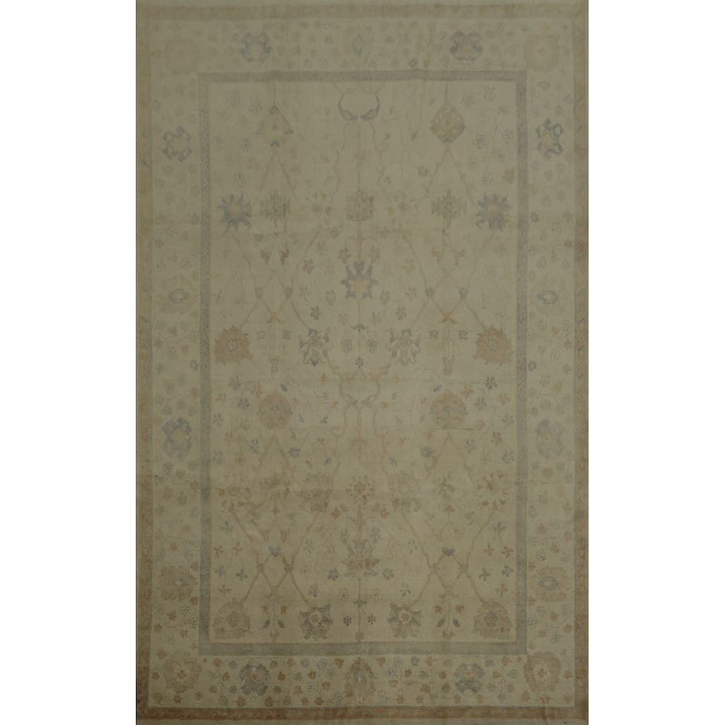Hand Knotted Oriental 100% Wool Carpet Transitional Floral Beige & Ivories Oushak Area Rug - 12' 0'' X 8' 10''
