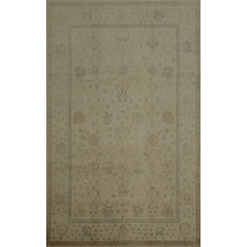 Hand Knotted Oriental 100% Wool Carpet Transitional Floral Beige & Ivories Oushak Area Rug - 12' 0'' X 8' 10''