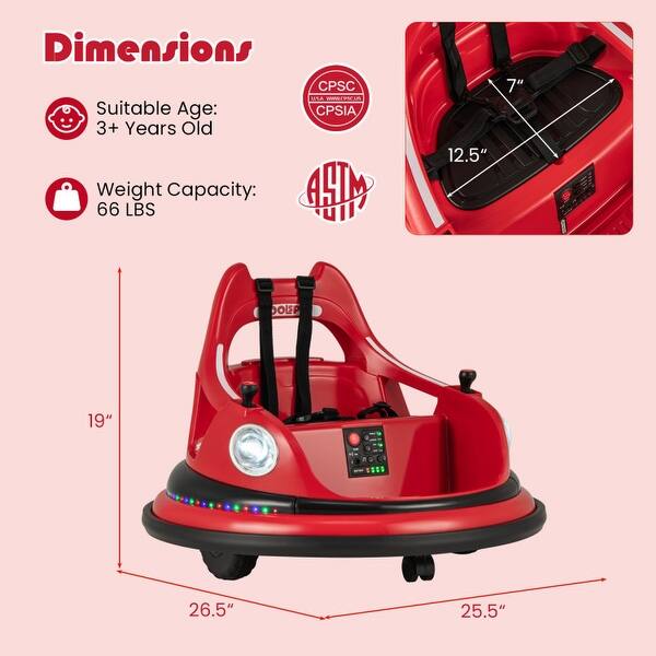 dimension image slide 2 of 4, 12V Kids Ride On Bumper Car with Remote Control and Dual Joysticks - 26.5" x 25.5" x 19" (L x W x H)