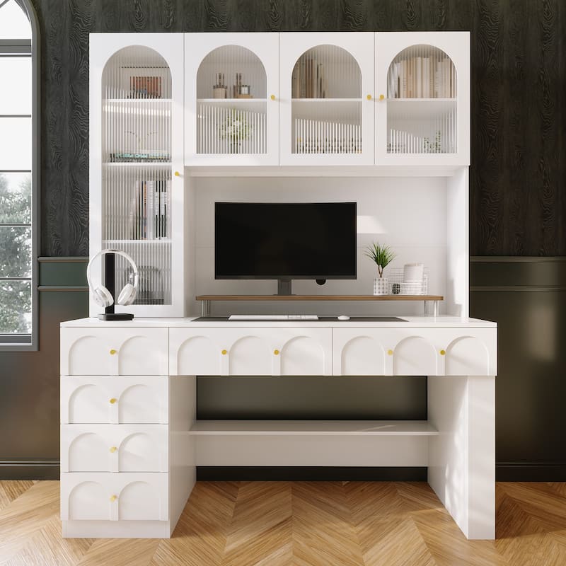 63” Modern White Computer Desk with Hutch & Drawers, Tempered Glass Cabinet Doors, Large Storage Home Office Workstation