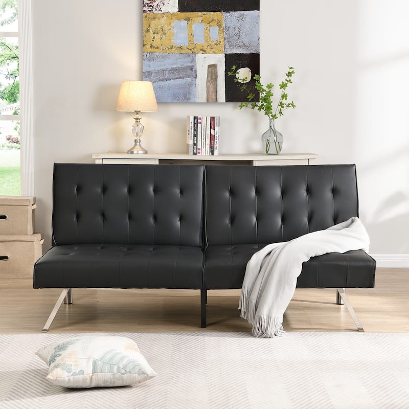 Black Leather Loveseat Sleeper Sofa Bed with Adjustable Backrest