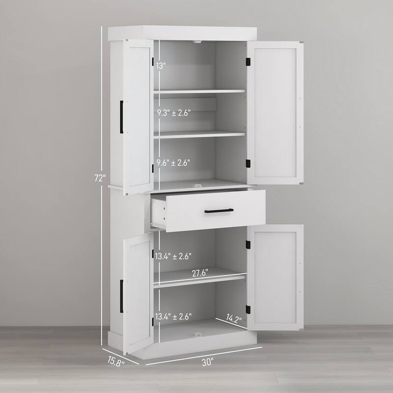 72" Tall Kitchen Pantry Storage Cabinet, Farmhouse Freestanding Kitchen Cabinet with 4 Barn Doors, Drawer