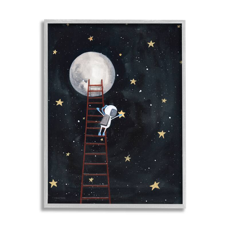 Stupell Astronaut Hanging Stars Outer Space Ladder to Moon Framed Giclee Texturized Art by Rachel Nieman