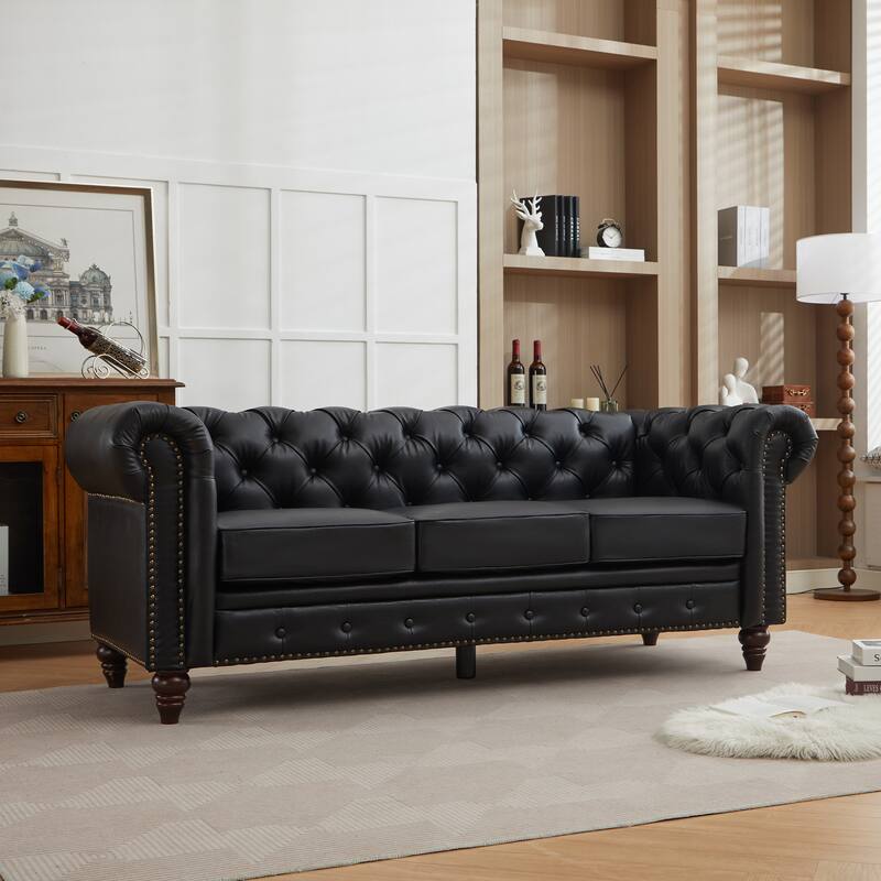 Vintage PU Button-Tufted Sofa Couch, Flared Arms, Rubberwood Legs & Nailhead Trim