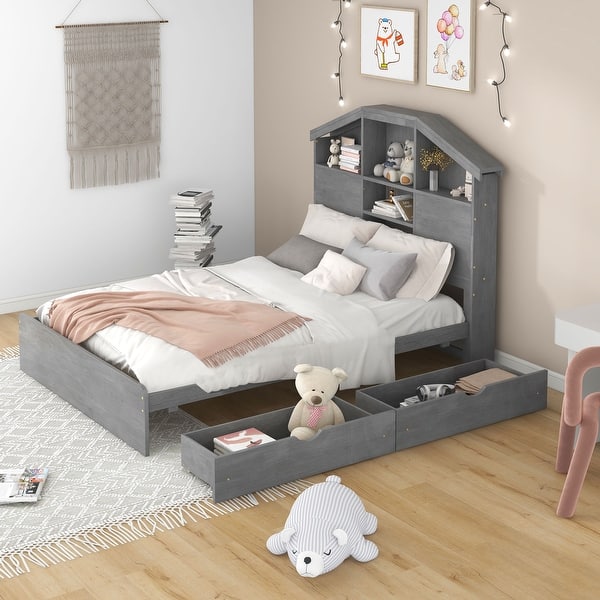 slide 2 of 11, Full Size Wood Platform Bed with House-shaped Storage Headboard and 2 Drawers, Suitable for Kids, Gray Gray