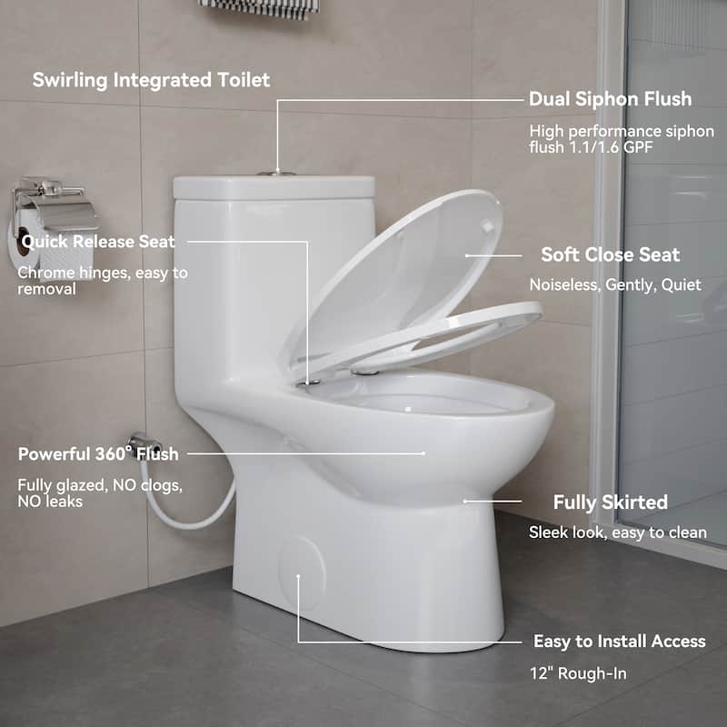 HOROW One-piece 0.8/1.28 GPF Dual Flush Elongated Toilet in White with Seat Included