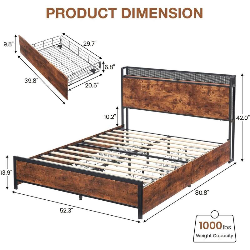 Bed Frame, with RGB LED Light and 4 Storage Drawers