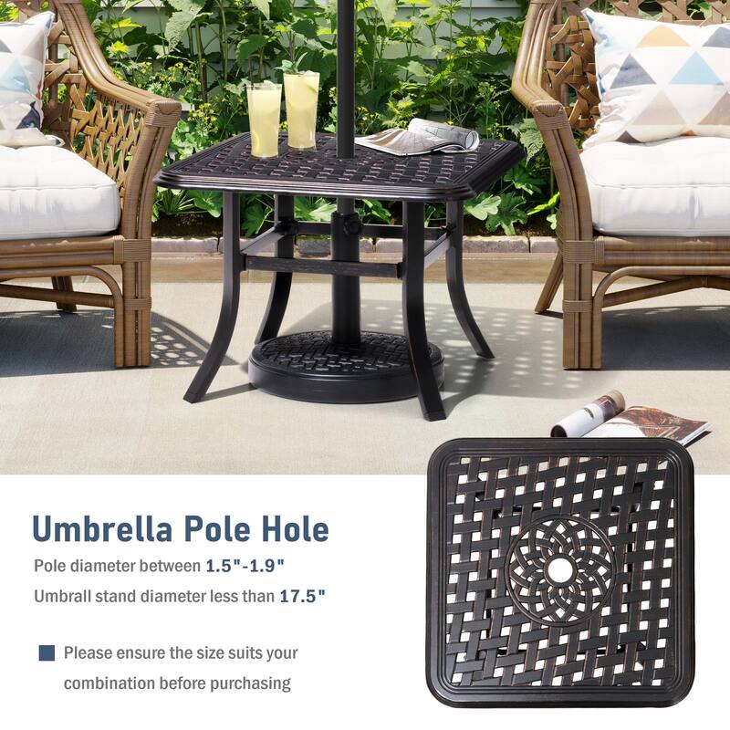 VredHom Cast Aluminum Square Side Table Outdoor with Umbrella Hole - 24.02" L x 24.02" W x 17.52" H
