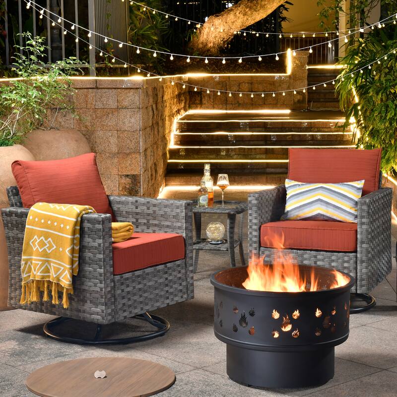 HOOOWOOO 4-piece Wicker Patio Swivel Chair Set with Wood Burning Fire Pit - Red/Orange