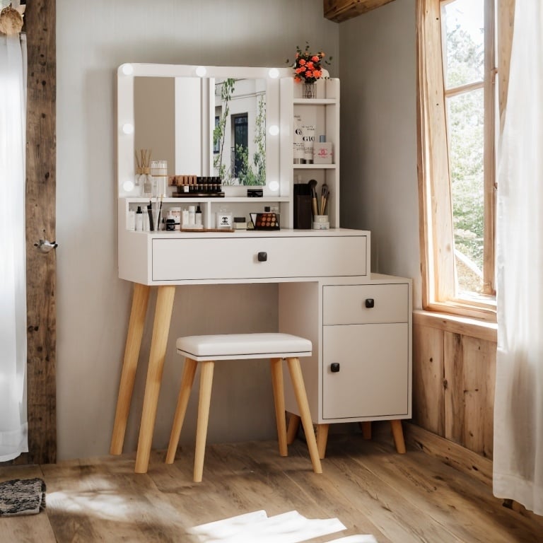 Hollywood LED Mirror Vanity Table with Drawers and Stool White