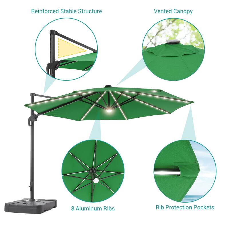 11FT Solar LED Patio Cantilever Umbrella With Resin Base by Bonosuki