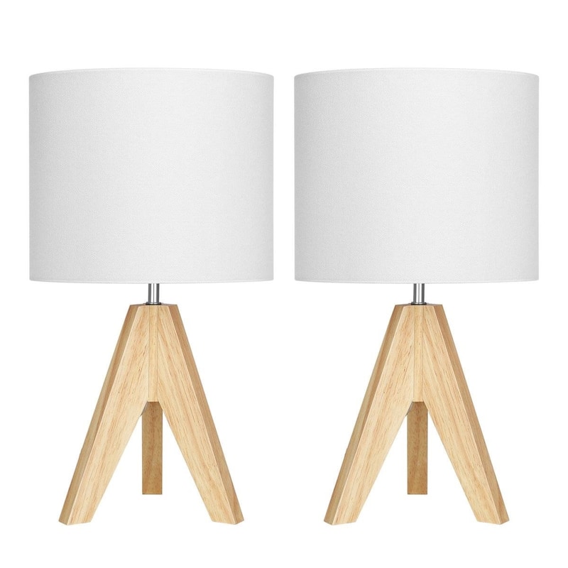 Set of 2 Modern Desk Lamps with Linen Drum Shade and Wooden Tripod Base for Bedroom or Living Room - White-Natural