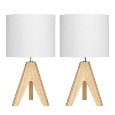 Set of 2 Modern Desk Lamps with Linen Drum Shade and Wooden Tripod Base for Bedroom or Living Room