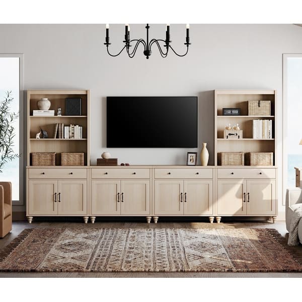 TV Stand, Light Beige, Farmhouse, Solid Wood/Tempered Glass, Drawers - Bed Bath & Beyond
