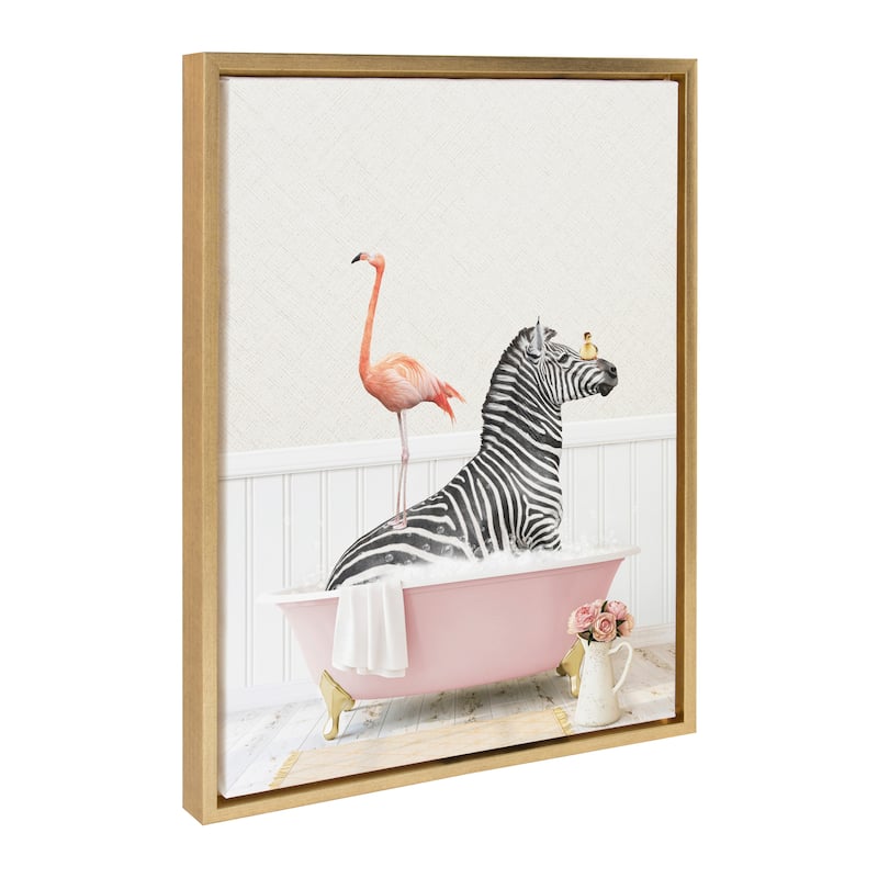 Kate and Laurel Zebra Flamingo Rose Bath Framed Canvas by Amy Peterson - Gold