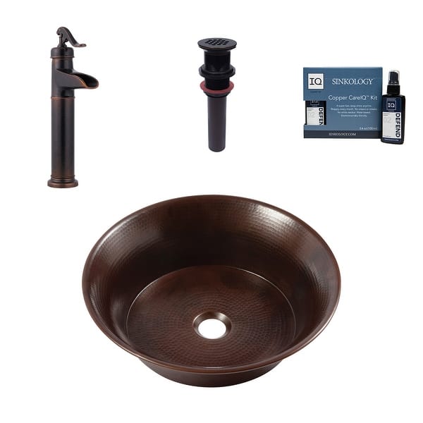 slide 2 of 7, Sinkology Copernicus Copper 16" Round Vessel Sink with Ashfield Vessel Faucet Kit