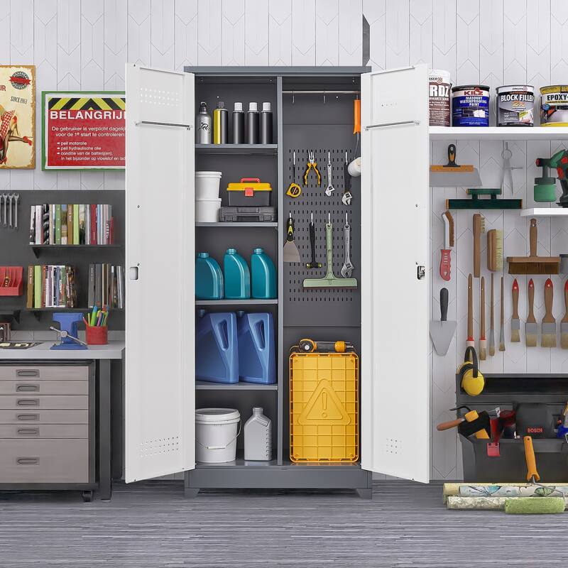 Metal Cleaning Tool Cabinets With Locking Doors, High Broom Tool Storage Cabinets, Adjustable Shelves