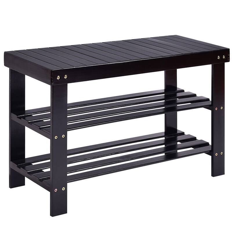 Bamboo Shoe Rack Bench 3 Tier Shoe Organizer Storage Shelf - Black