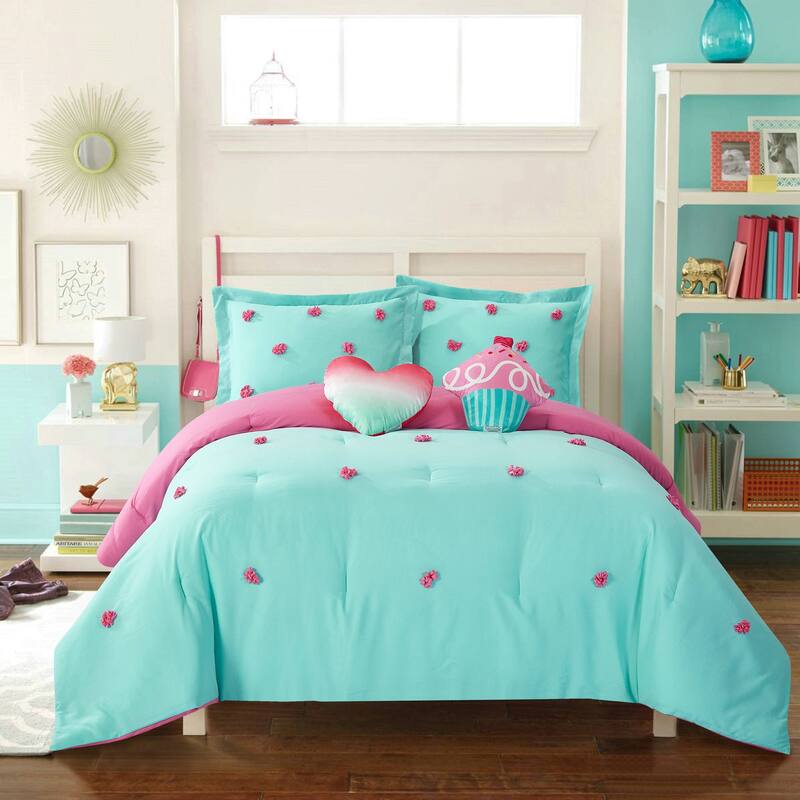 Heritage Kids Pom-Pom Pink Kids Comforter Set - Twin - Aqua