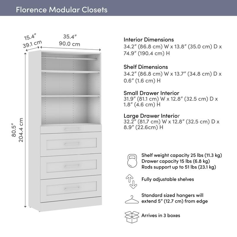Bestar Florence 36W x 16D Closet System with 4 Drawers, Shaker
