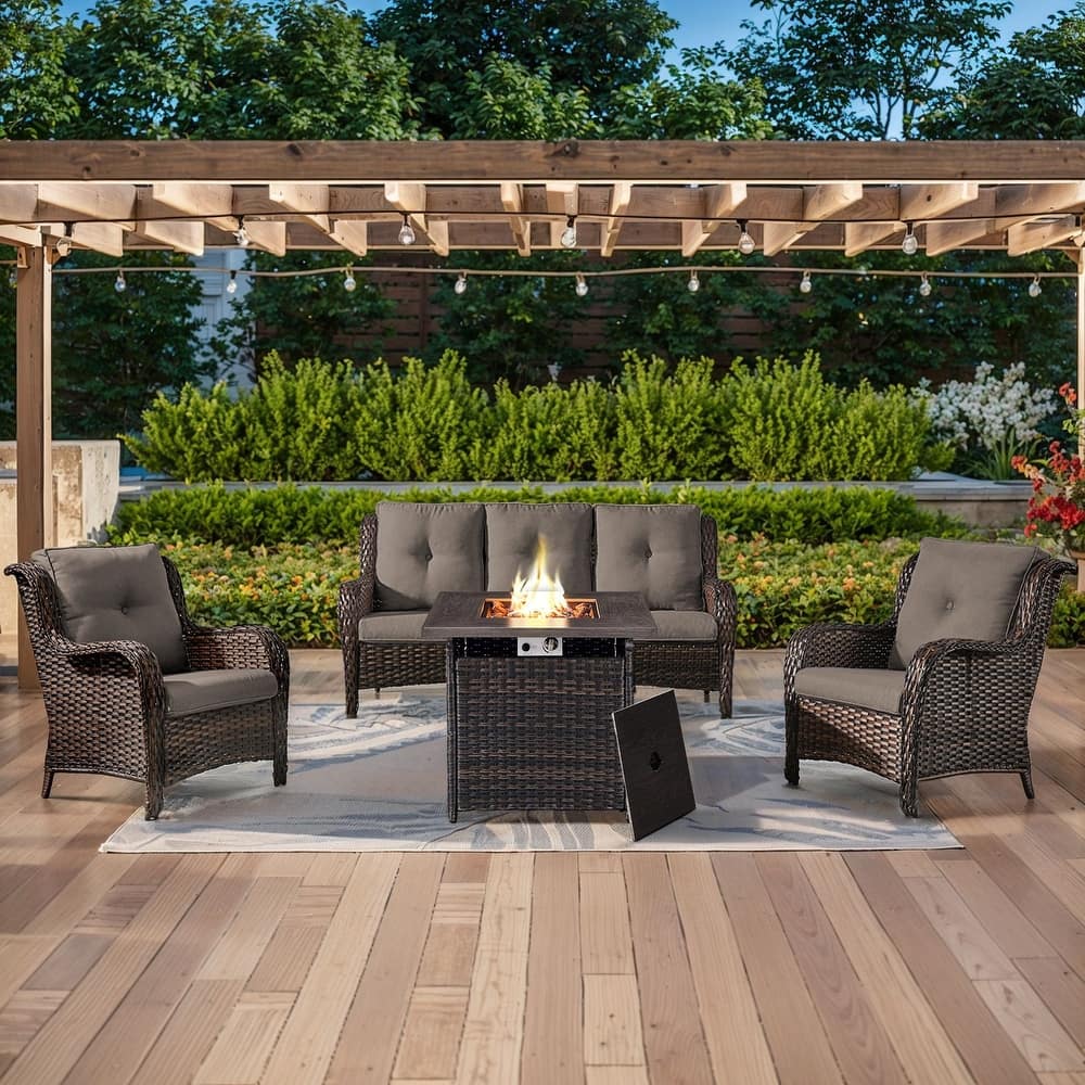 Gymojoy 4-Piece Outdoor Wicker Patio Furniture with Fire Pit Table, Rattan Coversation Set with Water Resistant Thick Cushions