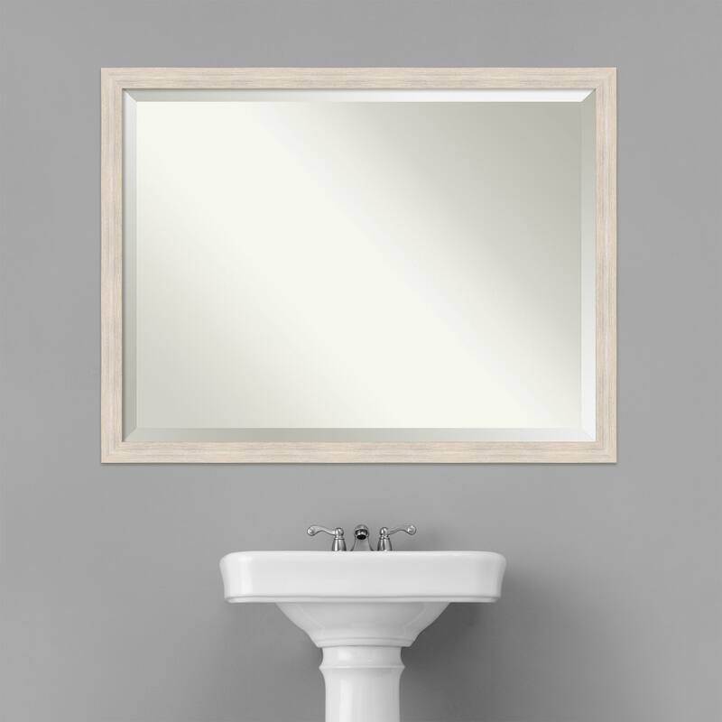 Beveled Wood Bathroom Wall Mirror - Hardwood Whitewash Narrow Frame - Hardwood White Wash Narrow