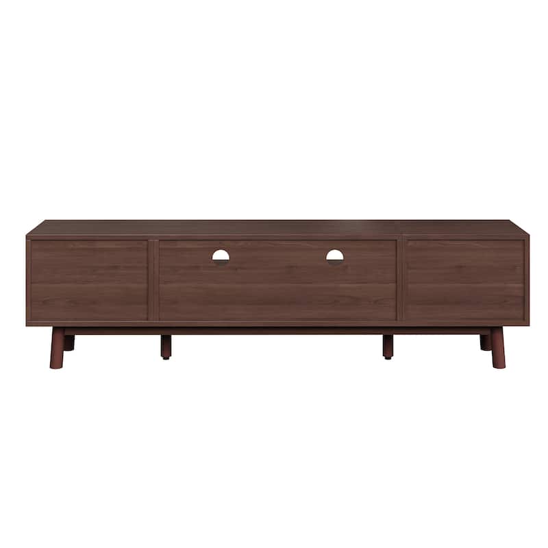 Wood TV Stand for 75" TVs, Rattan Cabinet TV Cabinet with Soft-Closing Door & Drop-Down Door for Living Room, Solid Wood Legs