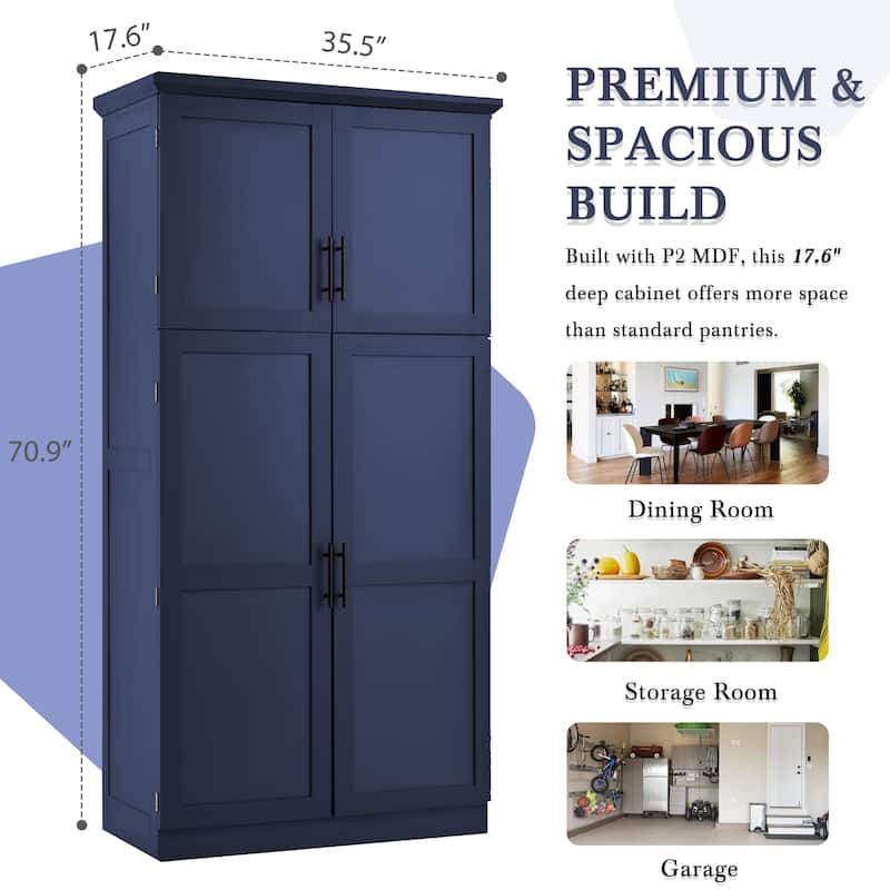 Tall Kitchen Pantry Cabinet with Pull-Out Trays - 35.5" 4-Door Storage Unit, Adjustable Shelves for Dining Room
