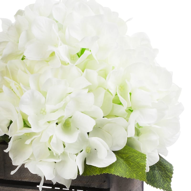 Enova Home Artificial Silk Hydrangea Fake Flowers Arrangement in Wood Planter for Home Office Wedding Decoration