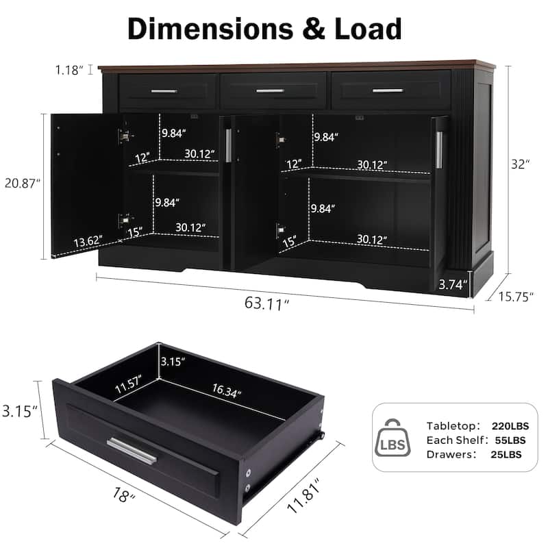63" Fluted Sideboard Buffet Cabinet, Farmhouse Kitchen Storage Credenza with 4 Doors & 3 Drawers, Coffee Bar Console Table
