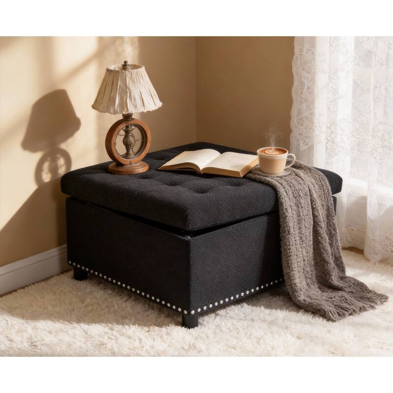 Square Tufted Upholstered Storage Ottoman with Nailhead Trim