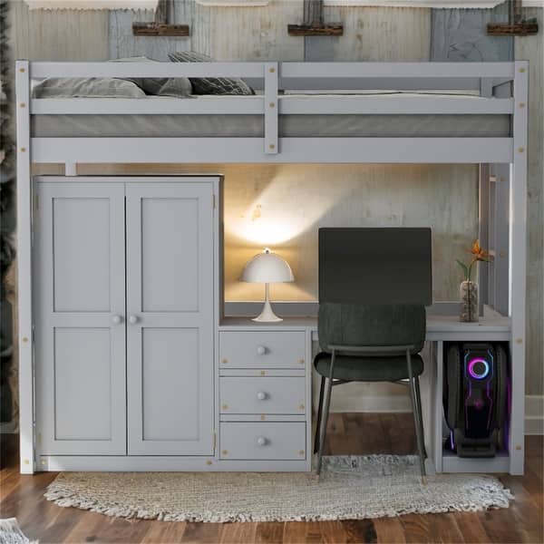 slide 2 of 12, Full Size Loft Bed with Wardrobe and Desk Grey