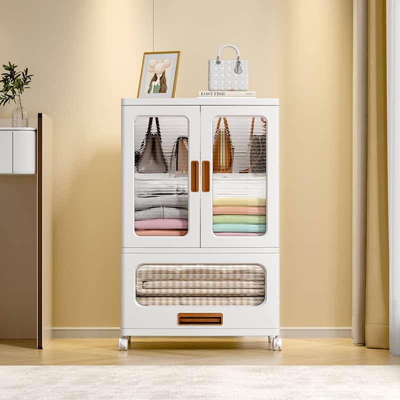 Javlergo 2-Door Plastic Storage Cabinet with Drawer & Wheels White Rolling Storage Organizer with Magnetic Doors for Living Room