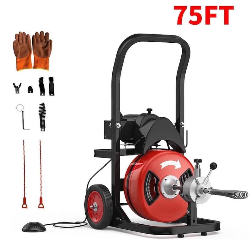 75Ft x 1/2in Auto-Feed Electric Drain Cleaner, 450w Sewer Snake for 2-4 Inch Pipes - Red