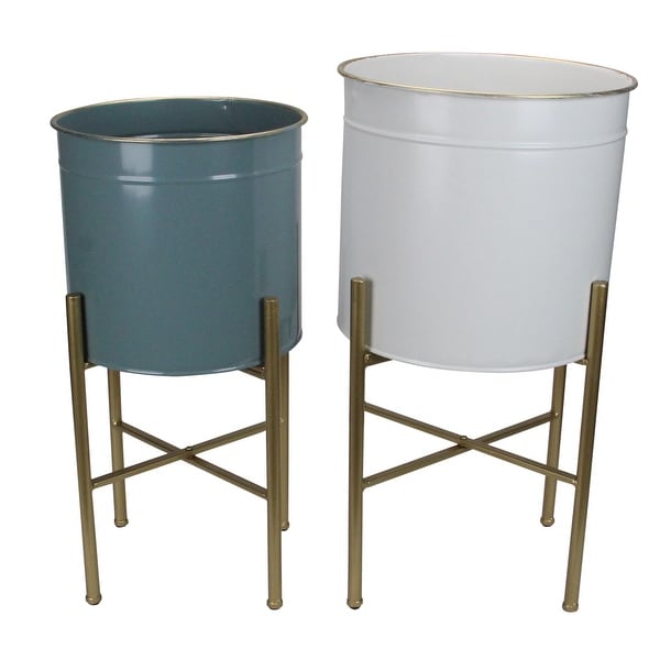 Set of 2 White and Gray Cylindrical Indoor Planters with Base 19" - N/A