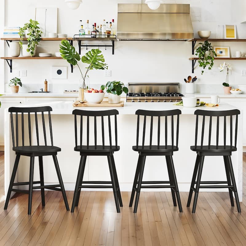 24.in Counter Height Seating Stool Windsor Wooden 360-degree Swivel Barstools for Kitchen Island - Black - Set of 4